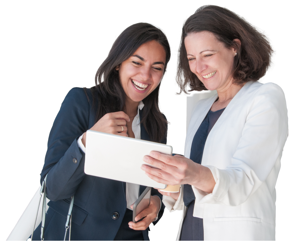 two-smiling-business-women-using-tablet-office-hall 1
